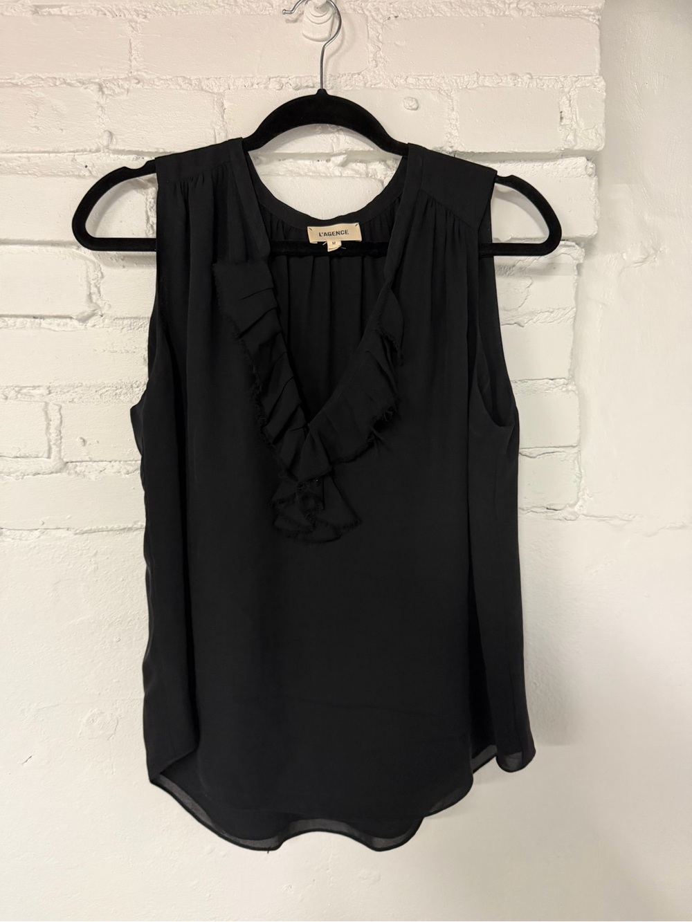 Silk Ruffle V-Neck Sleeveless Top - Black